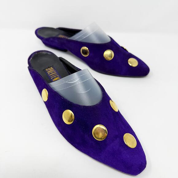 Vintage 90s Previews Purple Suede Studded Mules Women's Size 10 EUC Pointy Toe - Picture 1 of 11